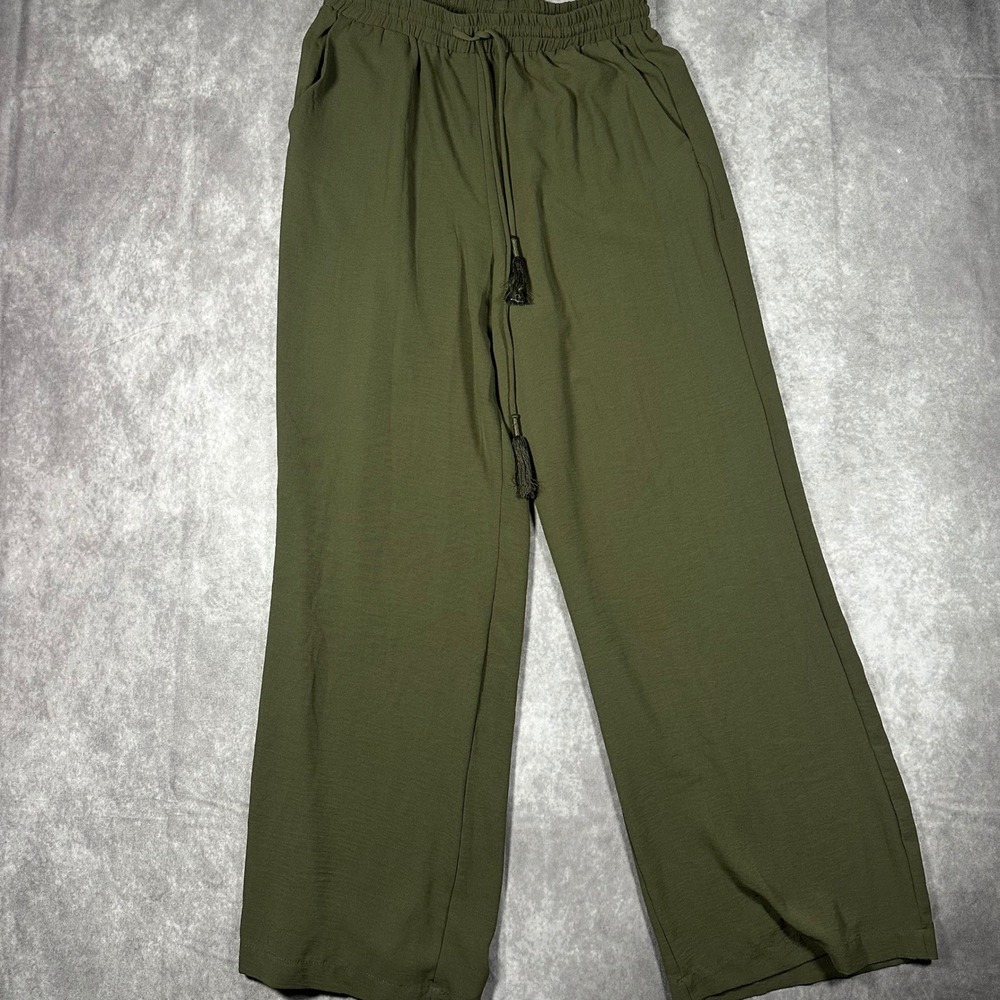 Laundry by Shelli Segal Womens Olive Green Wide Leg Drawstring Pants M Boho